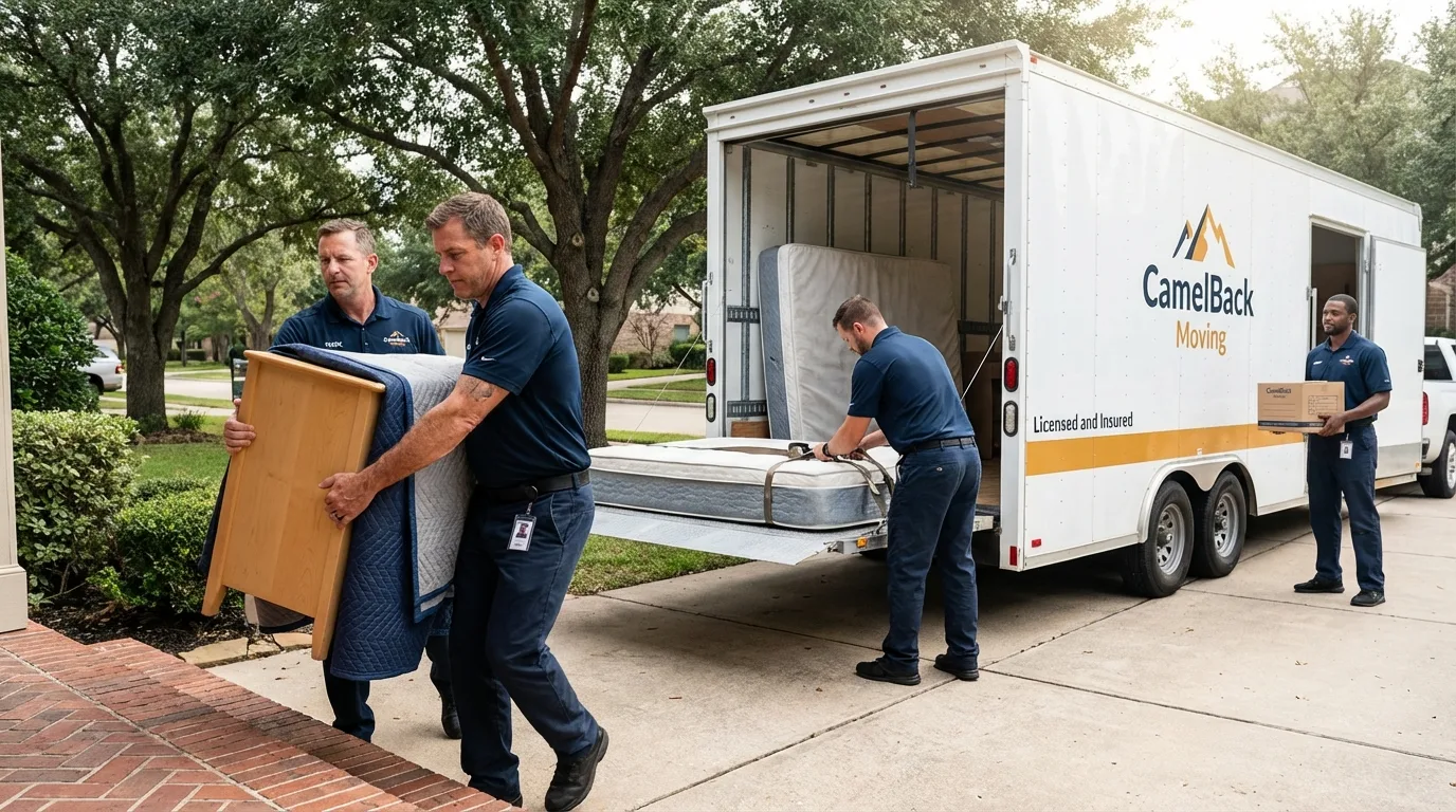 Crew loading residential truck for cross-state move from Winton, CA