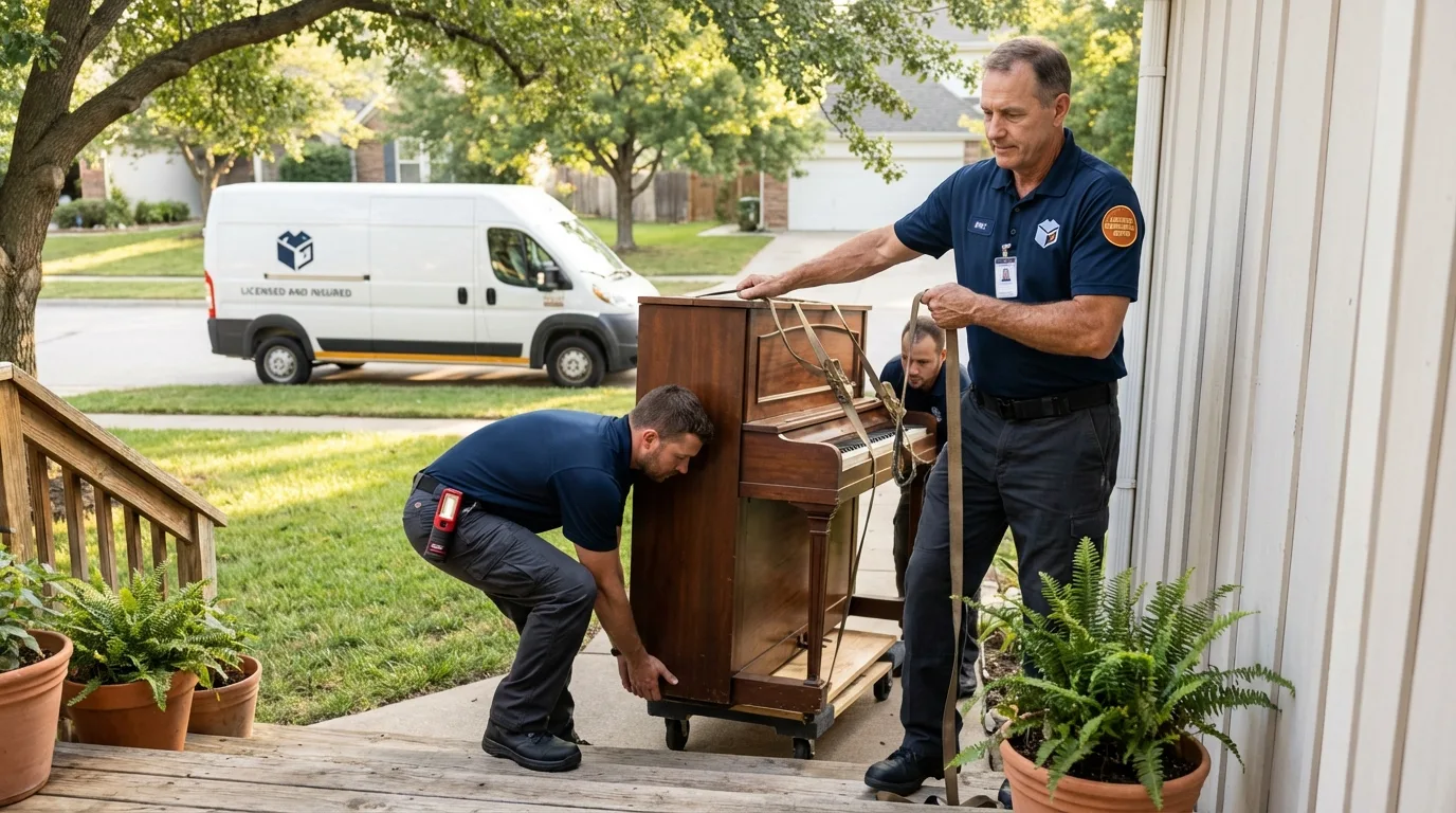 Licensed piano movers securing grand piano in Winton, CA