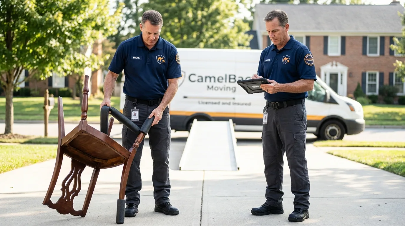 Movers inspecting furniture for damage prevention before loading in Winton, CA