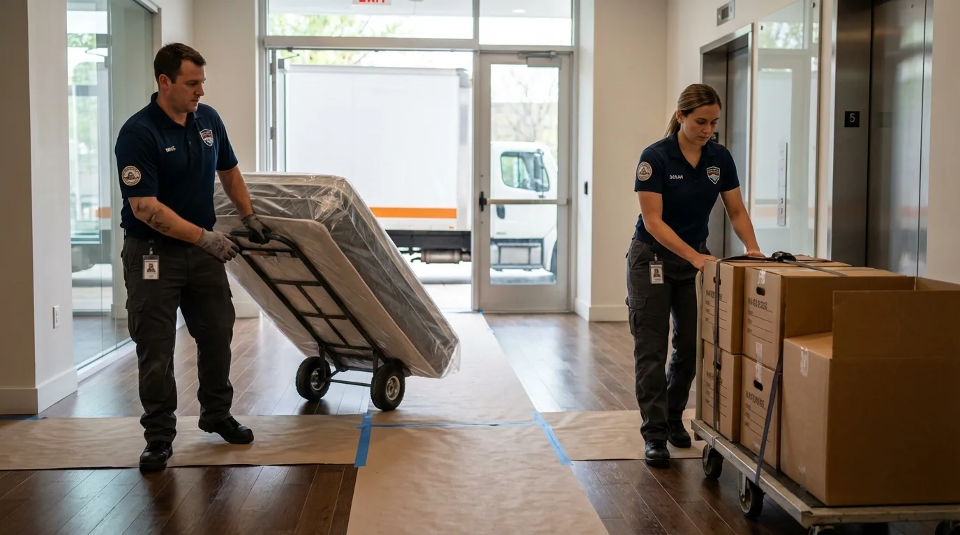 Professional apartment movers loading elevator in Winton, CA