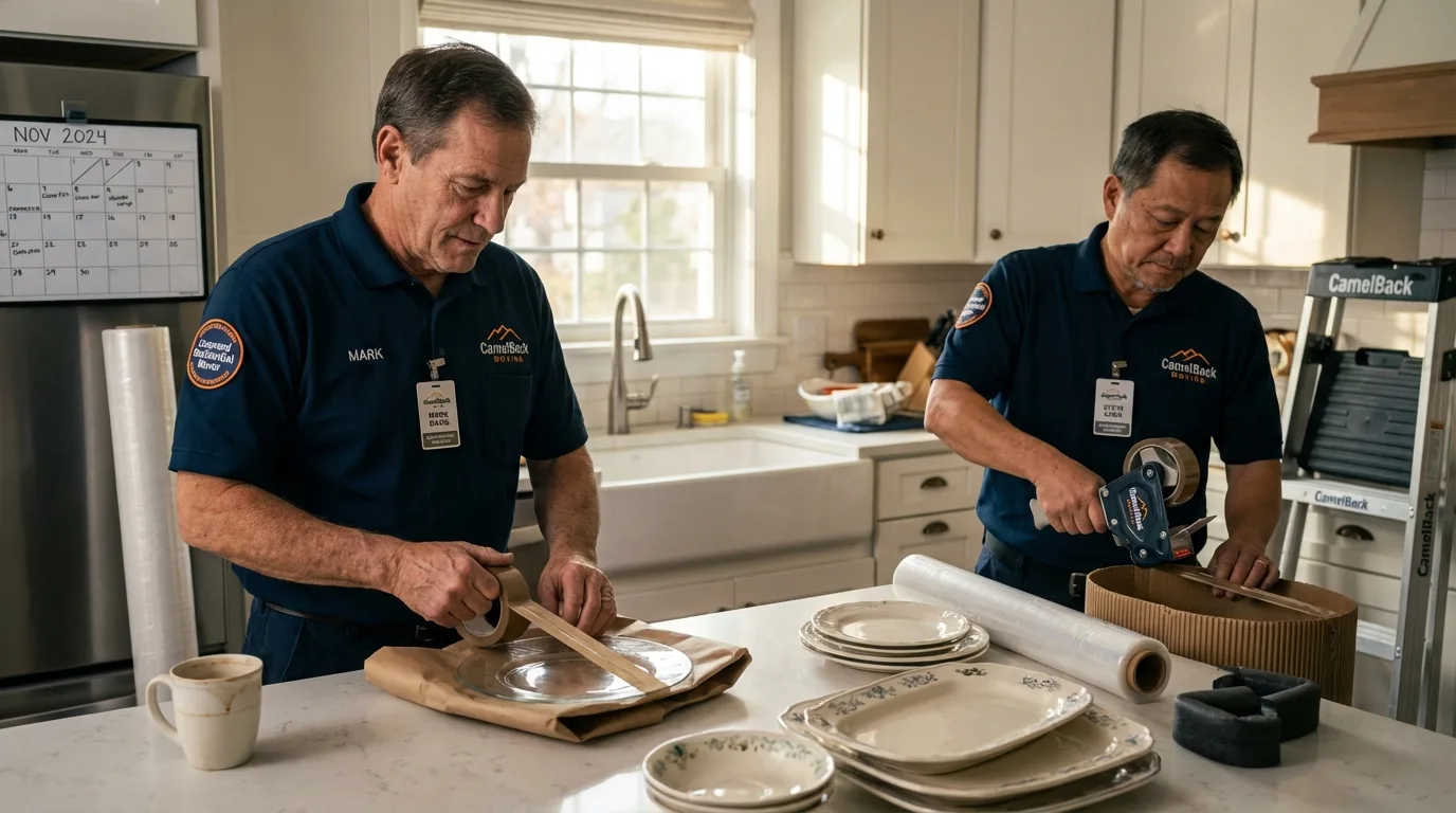 Professional crew packing kitchen dishware in Winton, CA